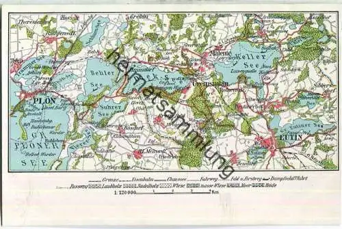 Postkarte mit Landkarten-Motiv Plönersee Dieksee Kellersee Behlersee etc. - Verlag Julius Simonsen Oldenburg