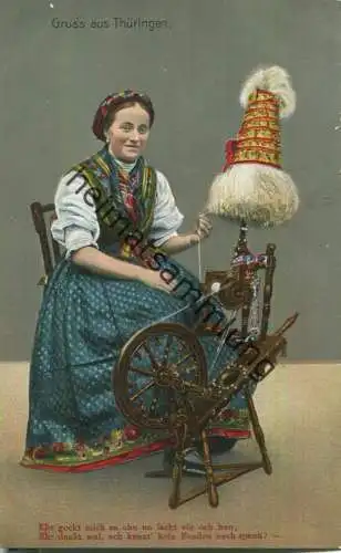Gruss aus Thüringen - Frau in Tracht am Spinnrad - Verlag A. Gimm Gotha