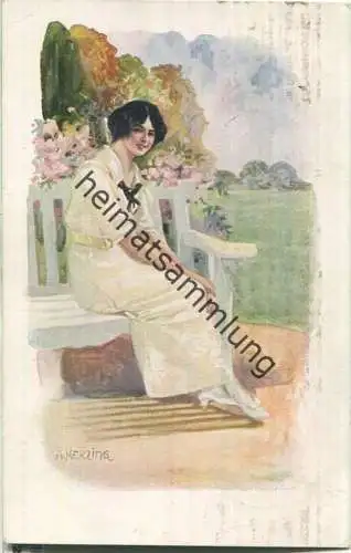 Junge Frau auf einer Bank - Künstlerkarte A. Herzing