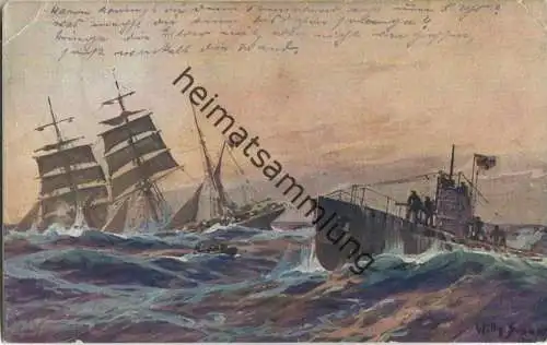 Künstlerkarte Willy Stöwer - Französische Bark wird durch deutsches U-Boot im Atlantic versenkt - U-Boot-Spende 1917