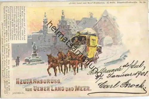 Neujahrsgruss von ueber Land und Meer - Postkutsche signiert P. F. Messerschmitt - gesendet aus Brasilien