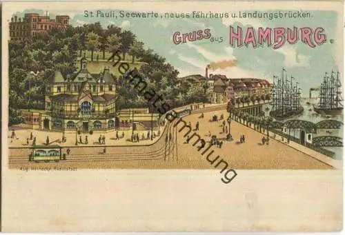 Hamburg - St. Pauli - Seewarte - Neues Fährhaus - Landungsbrücken - Verlag Aug. Heinecke Rudolstadt - Lithographie