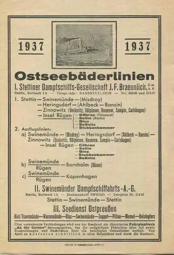 Deutschland - Fahrplan der Ostseebäderlinien 1937 - Stettiner Dampschiffs-Gesellschaft J. F. Braeunlich GmbH - Swinemünd