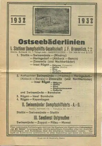 Fahrplan der Ostseebäderlinien 1932 - Stettiner Dampschiffs-Gesellschaft J. F. Braeunlich GmbH - Swinemünder Dampfschiff