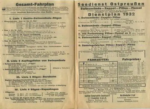 Fahrplan der Ostseebäderlinien 1932 - Stettiner Dampschiffs-Gesellschaft J. F. Braeunlich GmbH - Swinemünder Dampfschiff