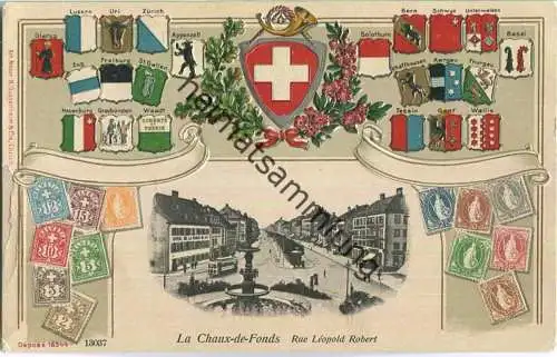 La Chaux-de-Fonds - Rue Leopold Robert - Edition H. Guggenheim & Cie. Zürich - Briefmarken - Wappen - Prägedruck