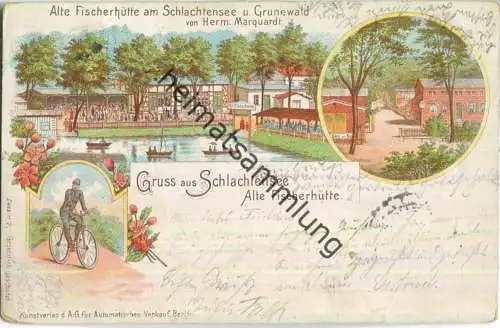 Gruss aus Berlin-Schlachtensee- Alte Fischerhütte - Inhaber Hermann Marquardt - Fahrrad - Gaststätte - Litho
