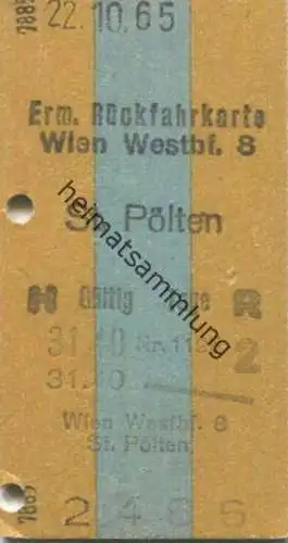Österreich - Ermäßigte Rückfahrkarte - Wien Westbf. St. Pölten - Fahrkarte 2. Klasse 1965