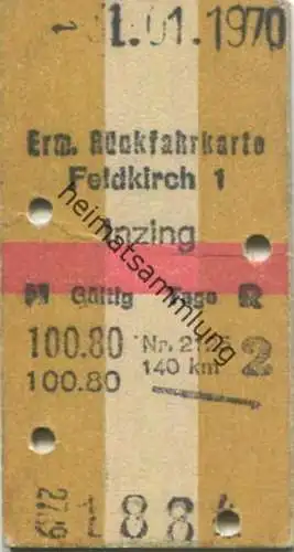 Österreich - Ermäßigte Rückfahrkarte - Feldkirch Inzing - Fahrkarte 2. Klasse 1970