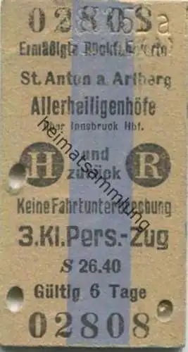 Österreich - Ermäßigte Rückfahrkarte Schnellzug - St. Anton am Arlberg Allerheiligenhöfe - Fahrkarte 3. Klasse 1951
