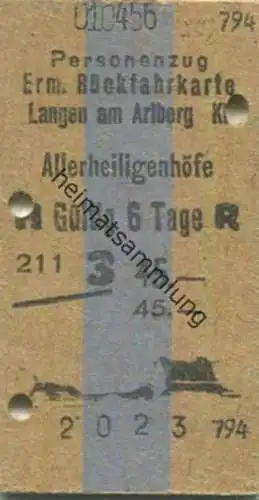 Österreich - Ermäßigte Rückfahrkarte Personenzug - Langen am Arlberg Allerheiligenhöfe - Fahrkarte 3. Klasse 1956