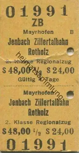 Österreich - ZB Mayrhofen Jenbach Zillertalbahn Rotholz - Fahrkarte 2. Klasse Regionalzug 1983
