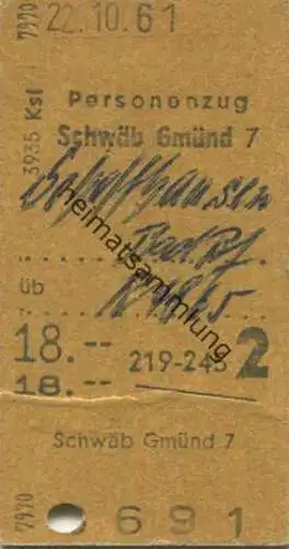 Deutschland - Schwäb. Gmünd Schaffhausen Bad. Bf. - Fahrkarte 1961