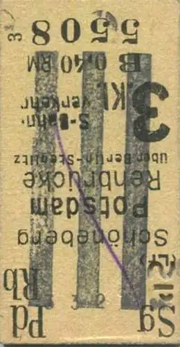 Deutschland - Berlin Stettiner Bf Pasewalk über Prenzlau - Fahrkarte 3. Klasse 1940 - rückseitig ungültig gemachte S-Bah