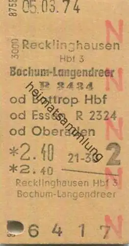 Deutschland - Recklinghausen Hbf 3 Bochum-Langendreer od. Bottrop Hbf od. Essen od. Oberaden - Fahrkarte 1974