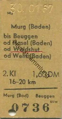 Deutschland - Murg (Baden) bis Beuggen Hasel (Baden) Waldshut oder Wehr (Baden) - Fahrkarte 1967