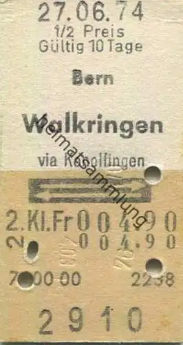 Schweiz - Bern Walkringen via Konolfingen und zurück - Fahrkarte 1974 1/2 Preis