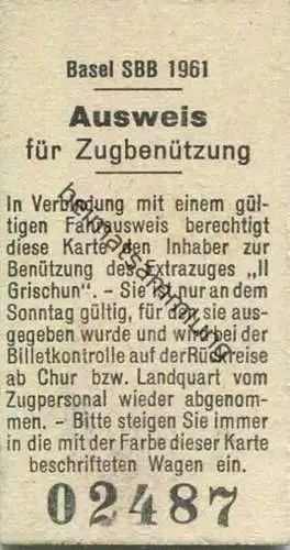 Schweiz - Basel SBB 1961 - Ausweis für Zugbenützung des Extrazuges "II Grischun"