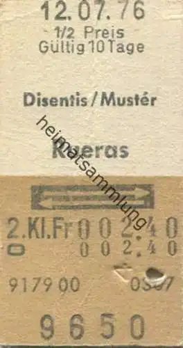 Schweiz - Disentis / Muster Rueras und zurück - Fahrkarte 1976 1/2 Preis