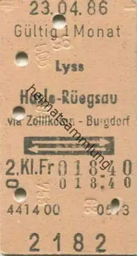 Schweiz - Lyss Hasle-Rüegsau via Zollikofen Burgdorf und zurück - Fahrkarte 1986