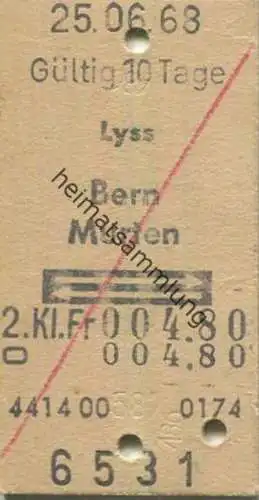 Schweiz - Lyss Bern Murten und zurück - Fahrkarte 1968 - rückseitig Stempel mit Besitzernamen