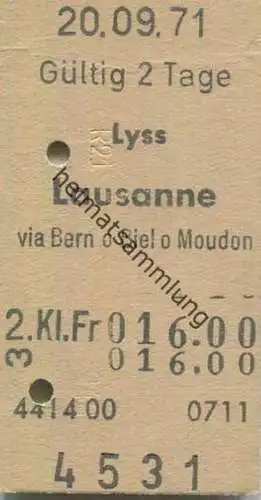 Schweiz - Lyss Lausanne via Bern oder Biel oder Moudon - Fahrkarte 1971