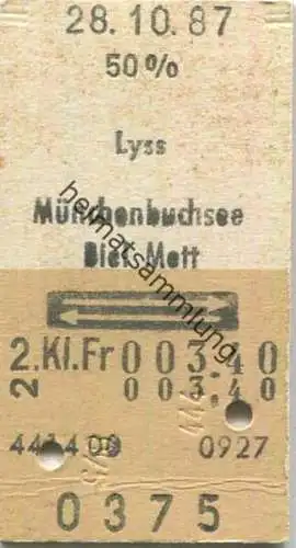 Schweiz - Lyss Münchenbuchsee Biel Mett und zurück - Fahrkarte 1987