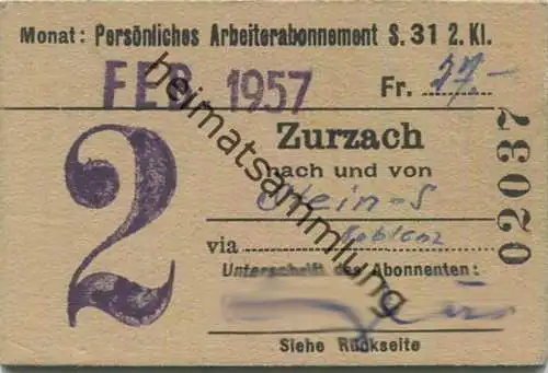 Schweiz - Persönliches Arbeiterabonnement - Zurzach nach und von Stein-Säckingen - Fahrkarte 2. Klasse 1957