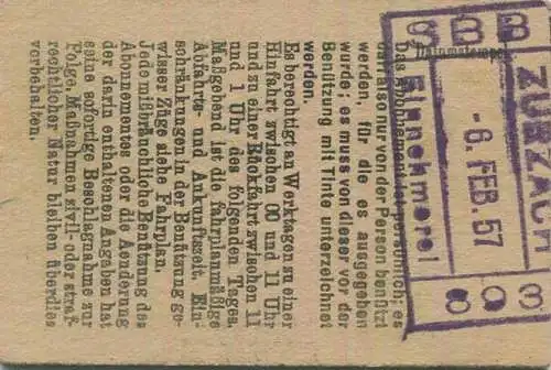 Schweiz - Persönliches Arbeiterabonnement - Zurzach nach und von Stein-Säckingen - Fahrkarte 2. Klasse 1957