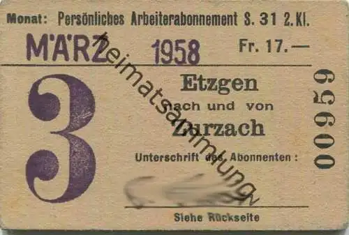 Schweiz - Persönliches Arbeiterabonnement - Etzgen nach und von Zurzach - Fahrkarte 2. Klasse 1958