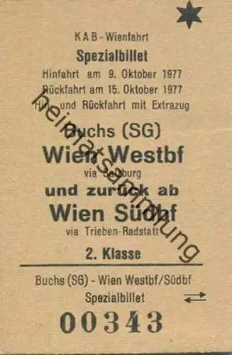 Schweiz - KAB Katholische Arbeitnehmer-Bewegung - Wienfahrt - Spezialbillet - Buchs (SG) Wien Westbf via Salzburg und zu