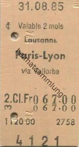 Frankreich - Lausanne Paris-Lyon via Vallorbe - Fahrkarte 1985
