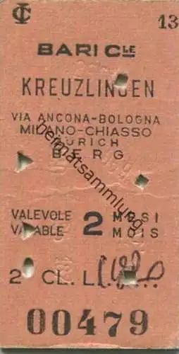 Italien - Bari Kreuzlingen via Ancona Bologna Milano Chiasso Zürich Berg - Fahrkarte 1970