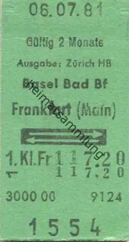 Deutschland - Ausgabe Zürich HB - Basel Bad Bf Frankfurt (Main) und zurück - Fahrkarte 1. Klasse 1981