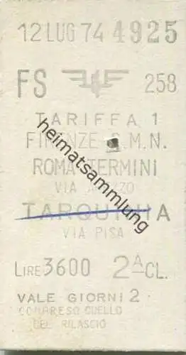 Italien - Firenze S.M.N. Roma Termini - Fahrkarte 1974