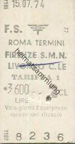 Italien - Roma Termini Firenze S.M.N. - Fahrkarte 1974