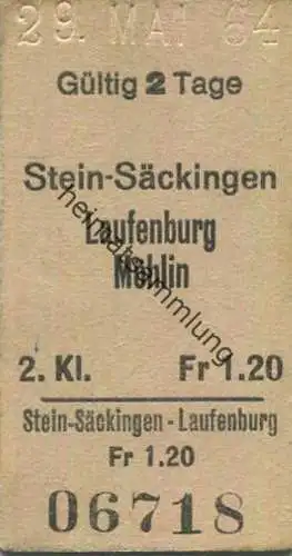 Schweiz - Stein-Säckingen Laufenburg Möhlin - Fahrkarte 1964