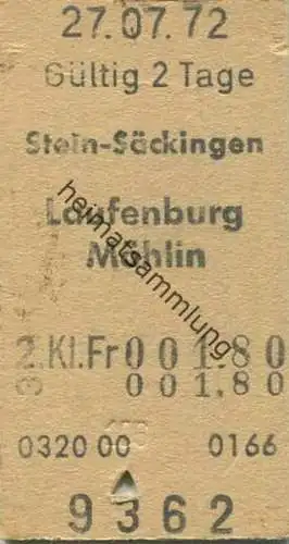 Schweiz - Stein-Säckingen Laufenburg Möhlin - Fahrkarte 1972