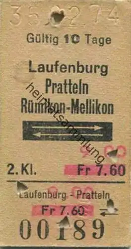 Schweiz - Laufenburg Pratteln Rümikon-Mellikon und zurück - Fahrkarte 1974 Preisüberdruck