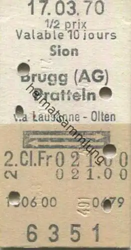 Schweiz - Sion Brugg (AG) Pratteln via Lausanne Olten und zurück - Fahrkarte 1970 1/2 prix