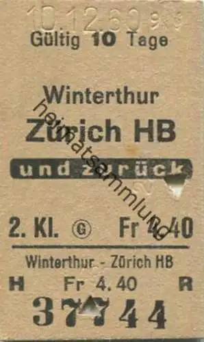Schweiz - Winterthur Zürich und zurück - Fahrkarte 1960