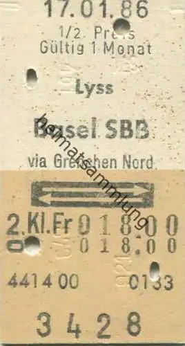 Schweiz - Lyss Basel SBB via Grenchen Nord und zurück - Fahrkarte 1986 1/2 Preis