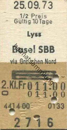 Schweiz - Lyss Basel SBB via Grenchen Nord und zurück - Fahrkarte 1973 1/2 Preis