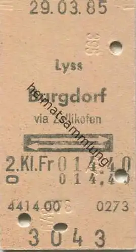 Schweiz - Lyss Burgdorf und zurück - Fahrkarte 1985