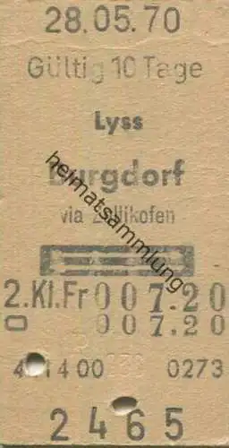 Schweiz - Lyss Burgdorf und zurück - Fahrkarte 1970