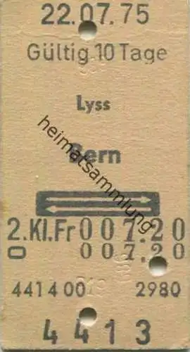 Schweiz - Lyss Bern und zurück - Fahrkarte 1975