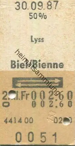 Schweiz - Lyss Biel / Bienne und zurück - Fahrkarte 1987 50%