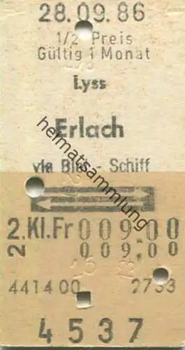 Schweiz - Lyss Erlach via Biel Schiff und zurück - Fahrkarte 1986 1/2 Preis