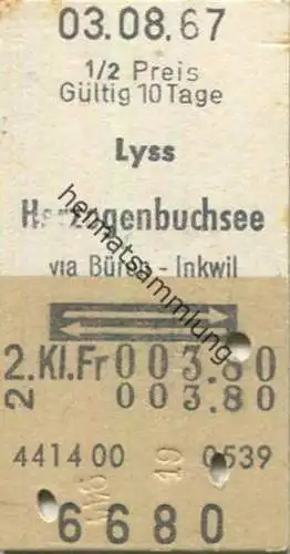Schweiz - Lyss Herzogenbuchsee via Büren Inkwil und zurück - Fahrkarte 1967 1/2 Preis