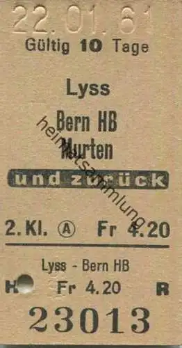 Schweiz - Lyss Bern HB Murten und zurück - Fahrkarte 1961